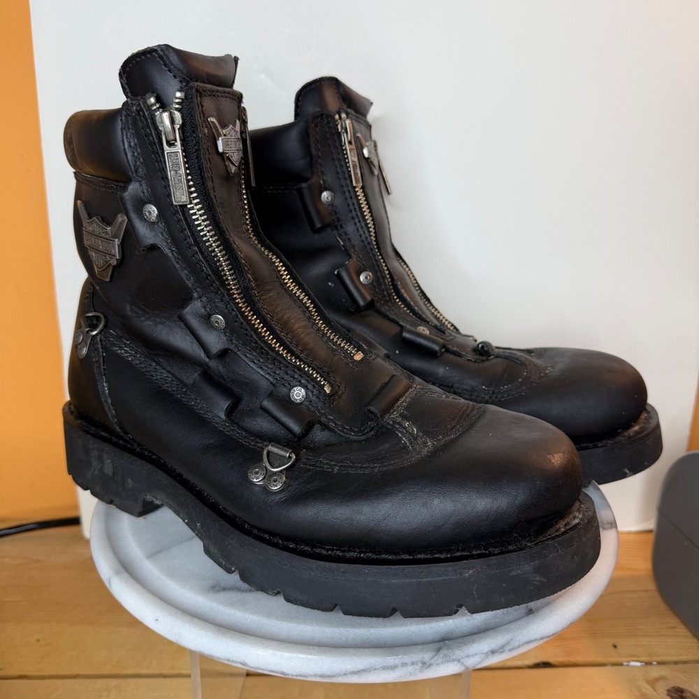 Harley Davidson Mens Black Leather Dual Zip Motorcycle Boots‎ 11M Biker Lug Sole